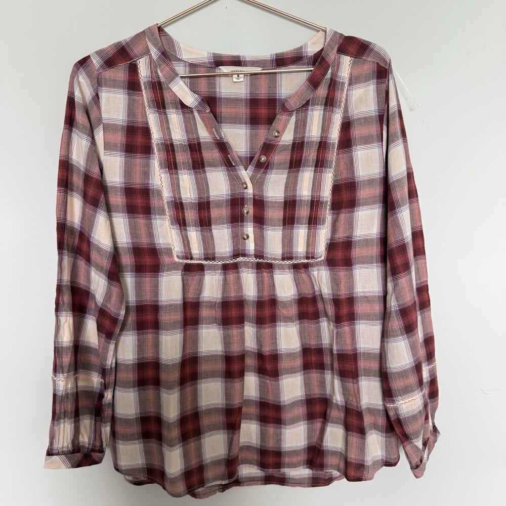 Lucky Brand Womens Top Medium Plaid Popover Button Detail Peasant Boho Prairie - Picture 2 of 7